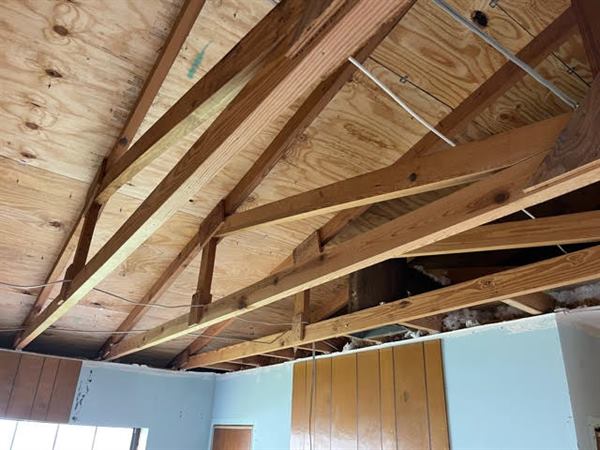 Interior remodel with exposed vaulted ceiling framing
